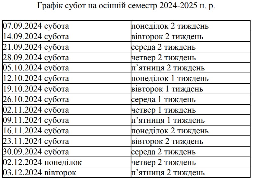 Графік перенесення навчальних днів на суботи 2024-2025 - осінній семестр